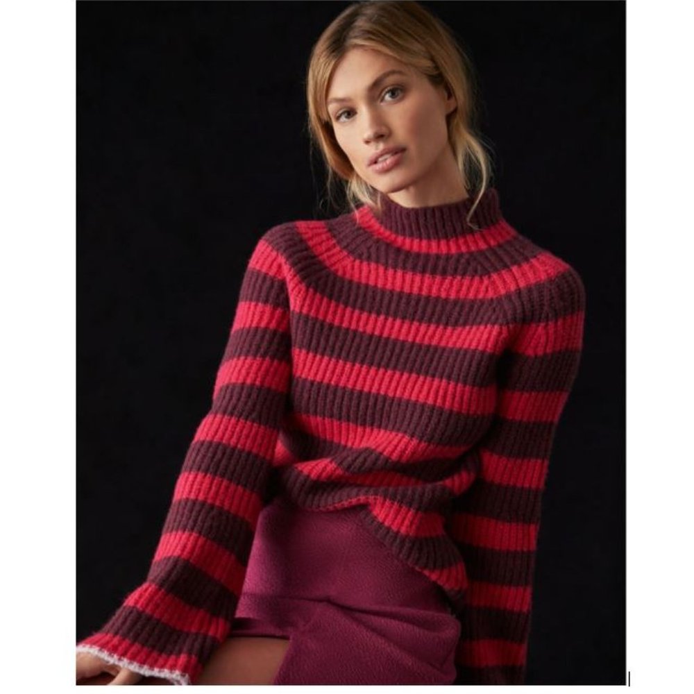 Anthropologie Maeve Striped Turtleneck Sweater in Wine Motif –Size X-Small – NWT